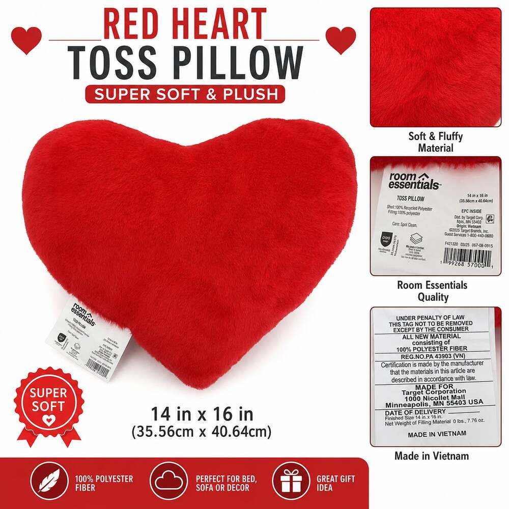 NWTS Room Essentials Red Heart Throw Pillow 14” x 16” Super Soft Plush